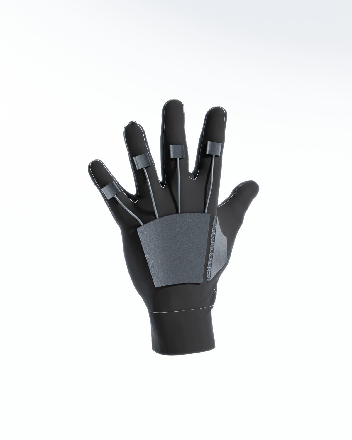 Smart glove render, palm view, showing sensor mount and finger TOF positions