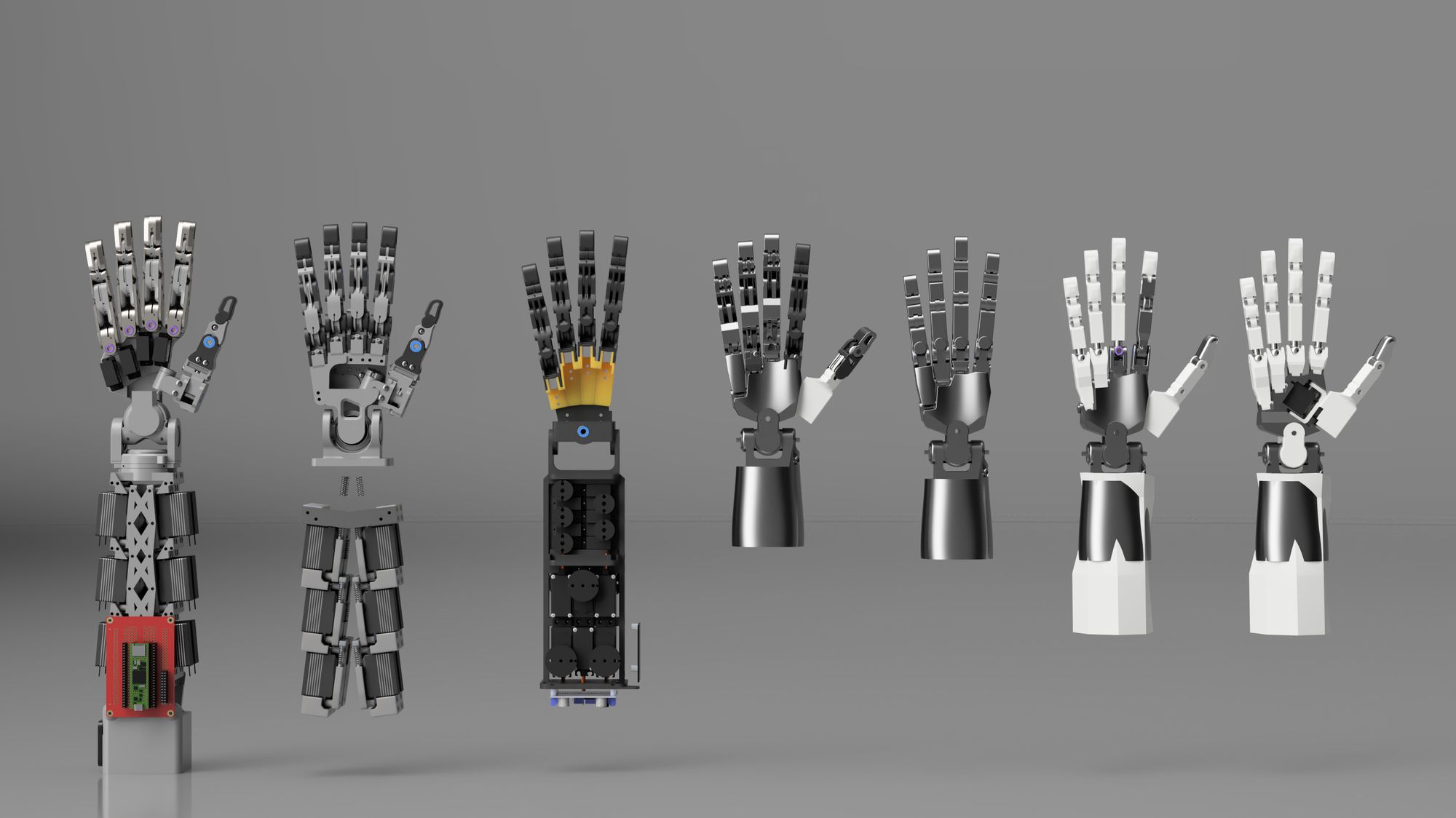 Seven Robotic Hand prototype variants in a line, showing four years of mechanical iteration