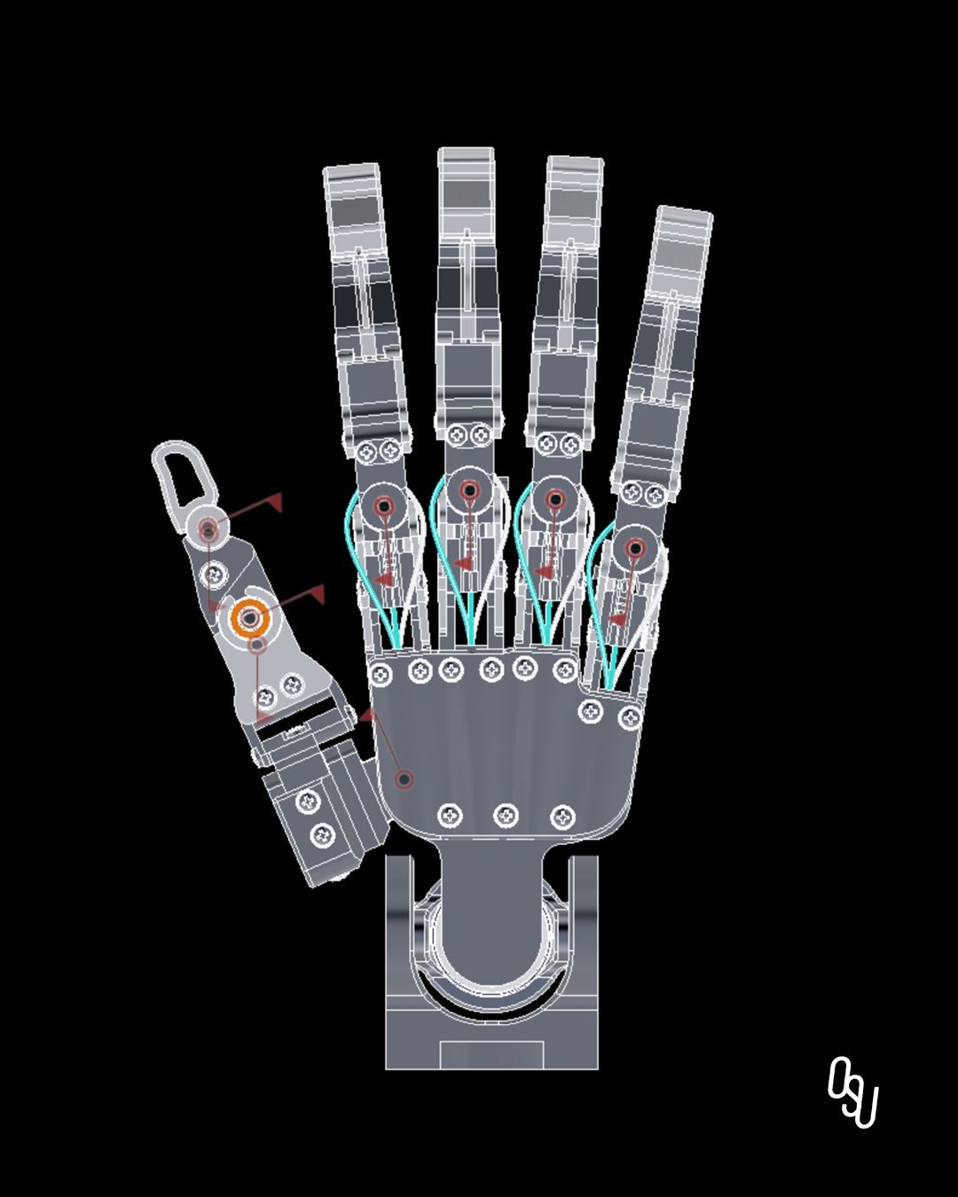 Robotic Hand mechanical schematic with cyan tendons highlighted